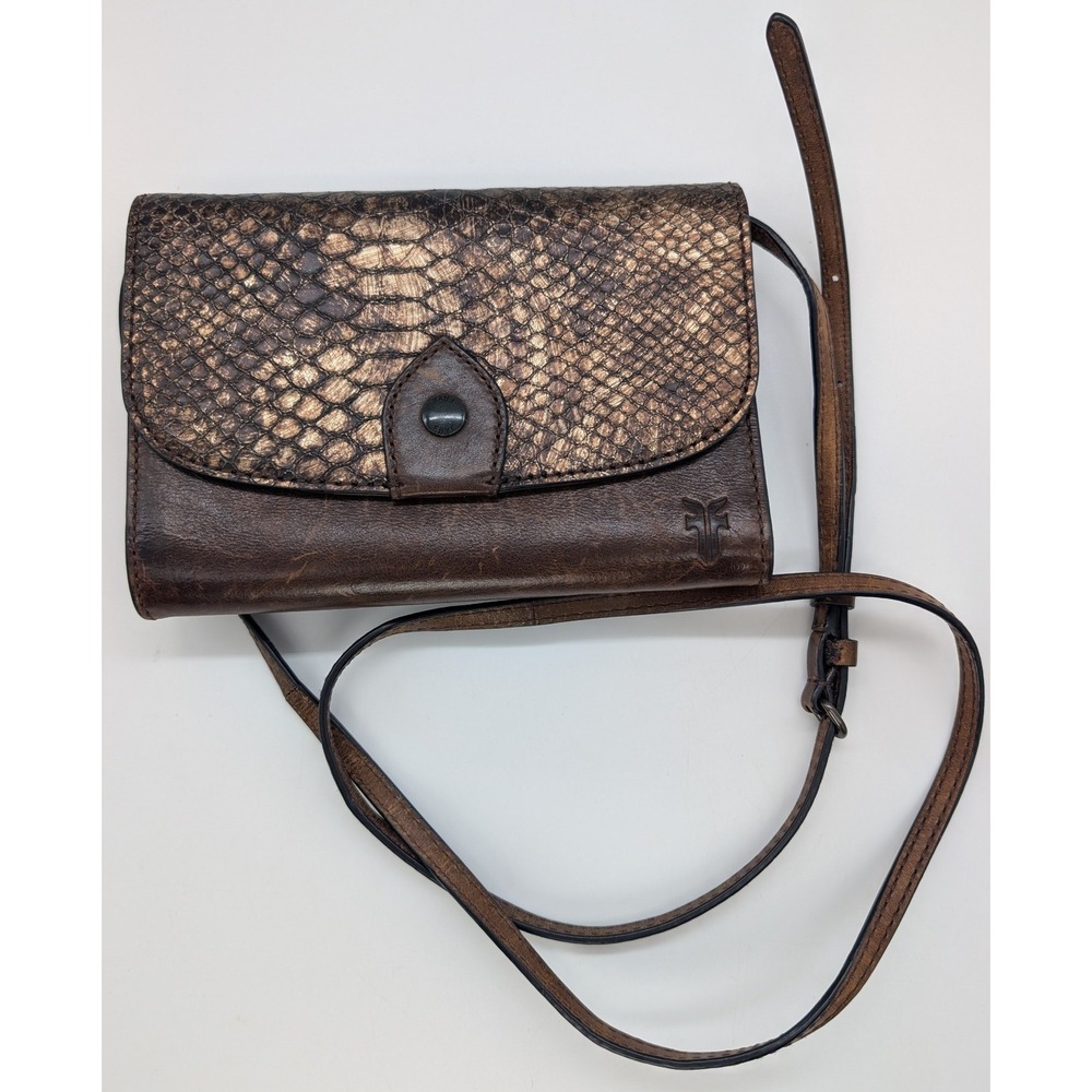 Frye Brown Distressed Leather Snakeskin Embossed Crossbody Shoulder Bag Purse